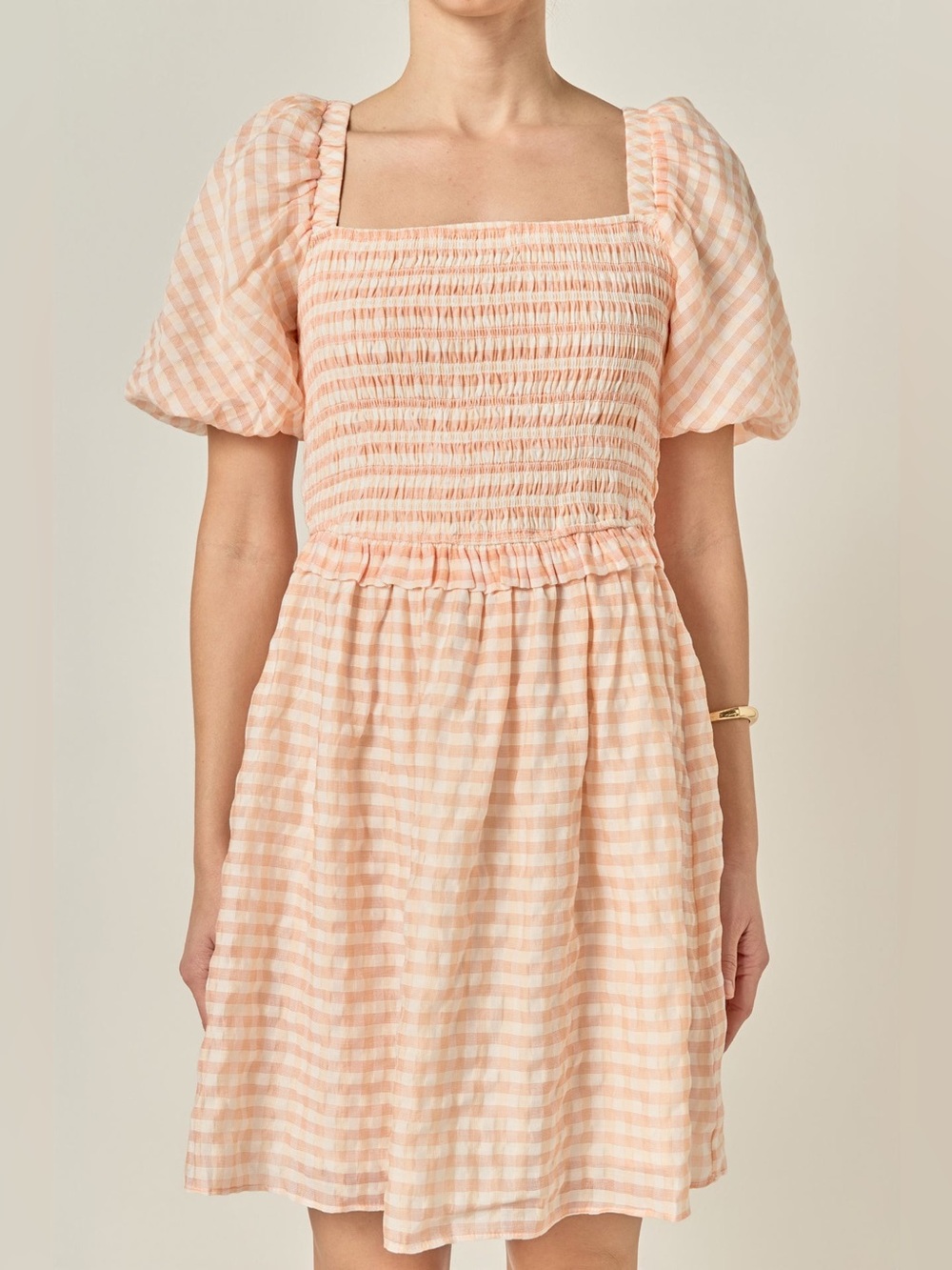 English Factory Plaid Smocked Puff Sleeve Mini Dress Coral Small - Picture 4 of 8